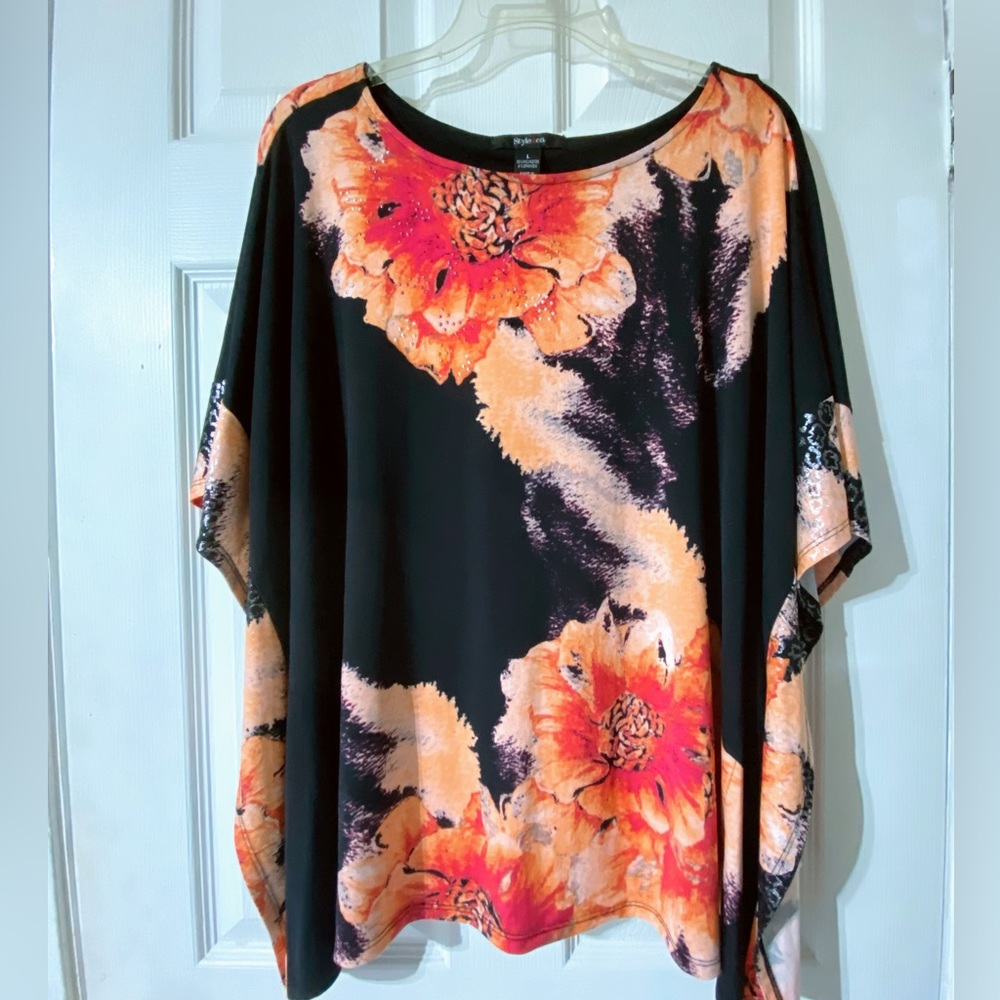 Style&co Women’s Floral Tunic Hot Pink, Peach & Black Size Large- NWOT